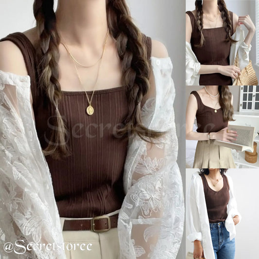 🇯🇵Japan|Clavicle-showing square neck V-neck all-purpose vest CL7017 ランダムリブスクエア无地2WAYタンクトップ