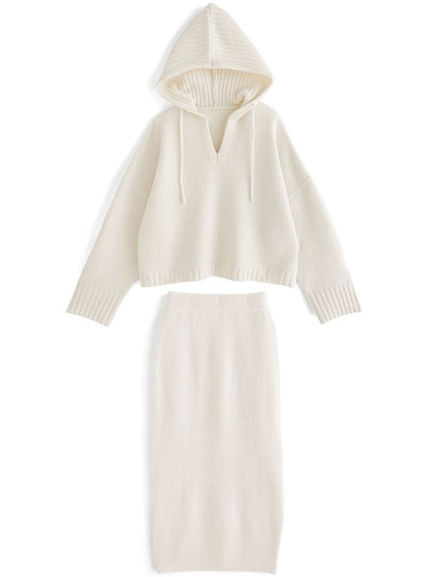 🇯🇵 Japanese mature V-neck hooded top + pencil skirt knitwear set Hoodie and tight skirt knitwear set-up
