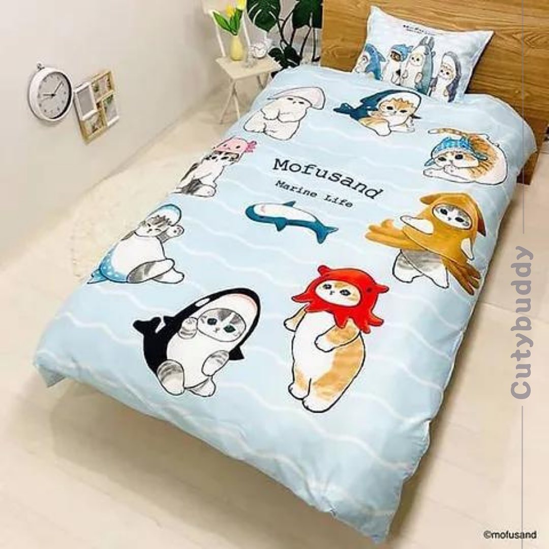 🇯🇵日本 MOFUSAND 鯊魚貓枕頭套和被套兩件套裝 bed set モフサンド 寝具 布団2点セットカバー かけ布団カバー&枕カバー