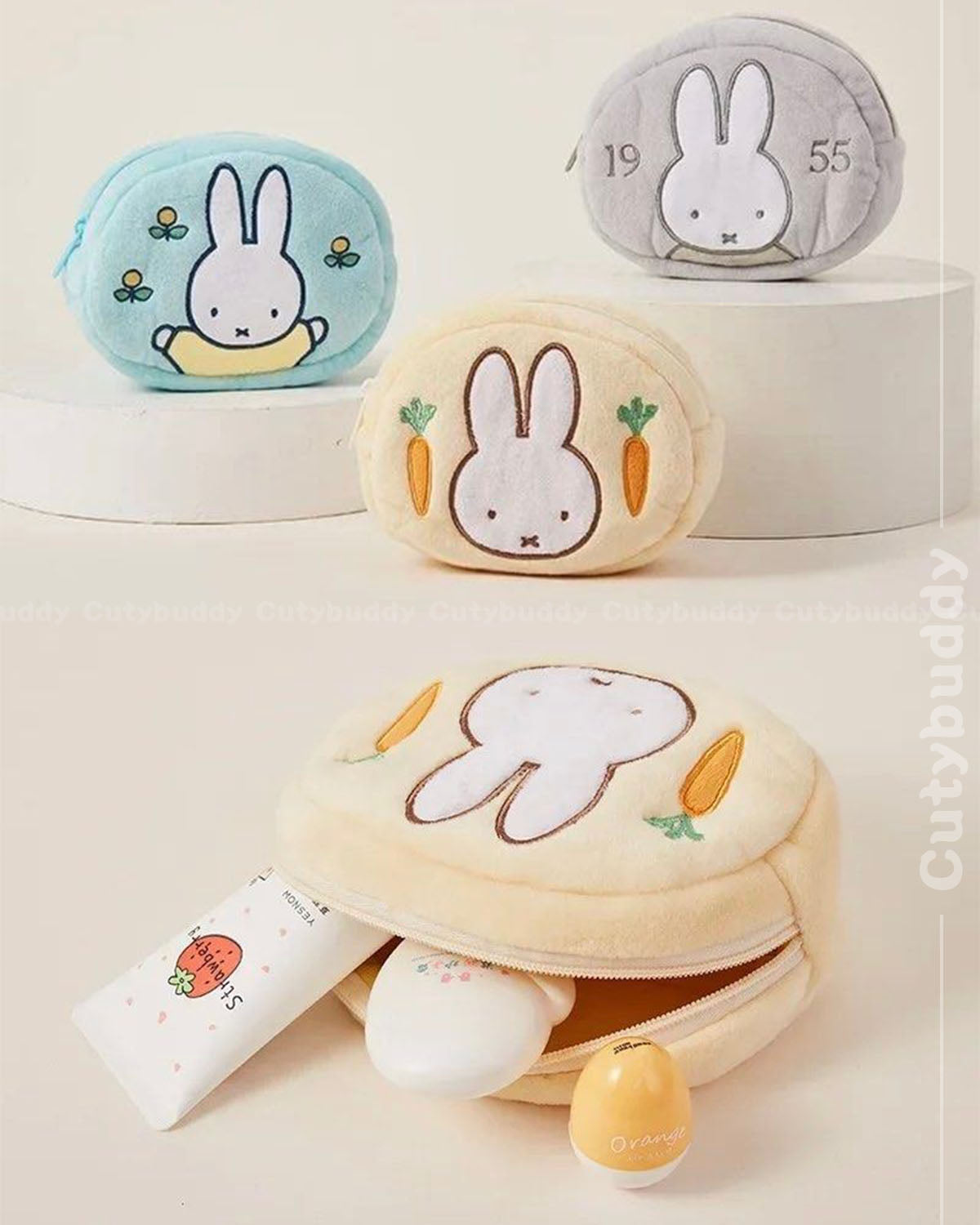 ✨ 🇯🇵日本 ♡ MIFFY BOA POUCH 毛茸茸刺繡化妝小袋 ミッフィー かわいい刺繍ボアポーチ 化粧ポーチ 丸型 舟型 ポーチ