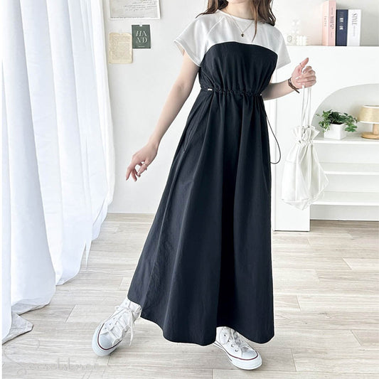 🇯🇵日本 休閒異材質拼接束腰抽繩連身裙 (4色入)★ 產品編號🔎 SS-jelce10201290