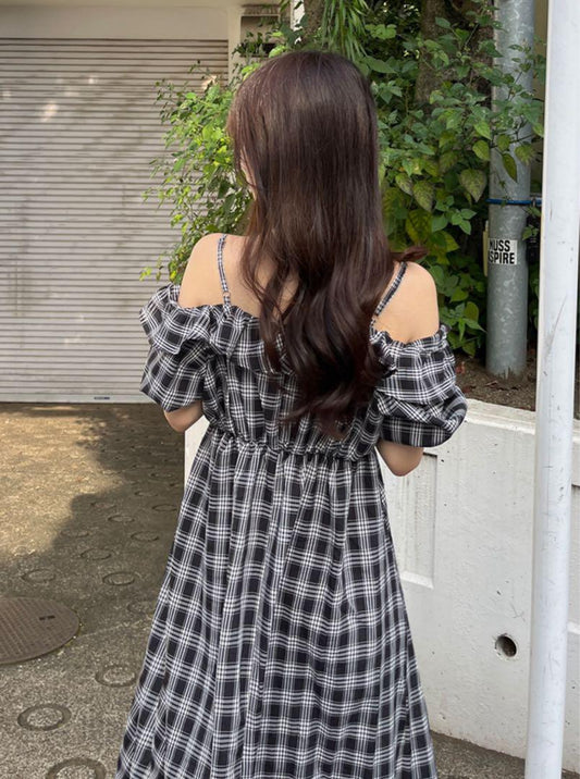 🇯🇵日本 格紋露肩喇叭連身裙 ◇ Japan Checked off-the-shoulder flared dress 🔎 ɪᴛᴇᴍ ɴᴏ:SS-jgnr3660