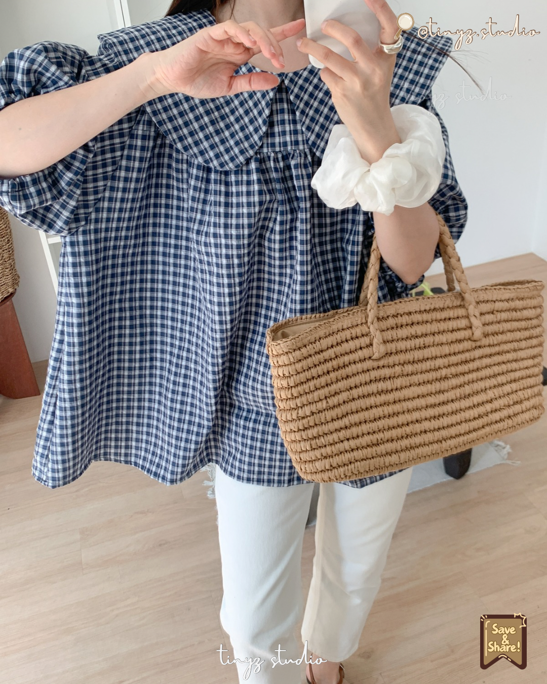 🇯🇵JAPAN ♥ 
大領子格紋澎袖寬鬆襯衫 Oversized Gingham Blouse with Statement Sailor Collar ksh107542