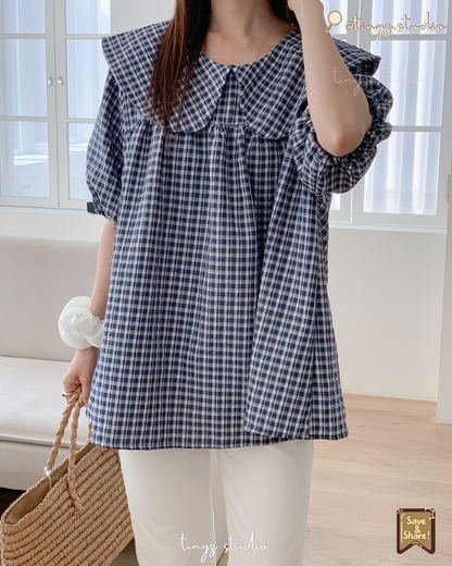 🇯🇵JAPAN ♥ 
大領子格紋澎袖寬鬆襯衫 Oversized Gingham Blouse with Statement Sailor Collar ksh107542
