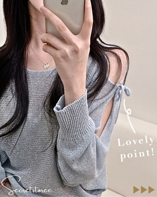 🇰🇷Korea︴Bow Knot Shoulder Slit Loose Fit Long Sleeve Sweater in 5 Colors★ 🔎 SS-sdwp1f25