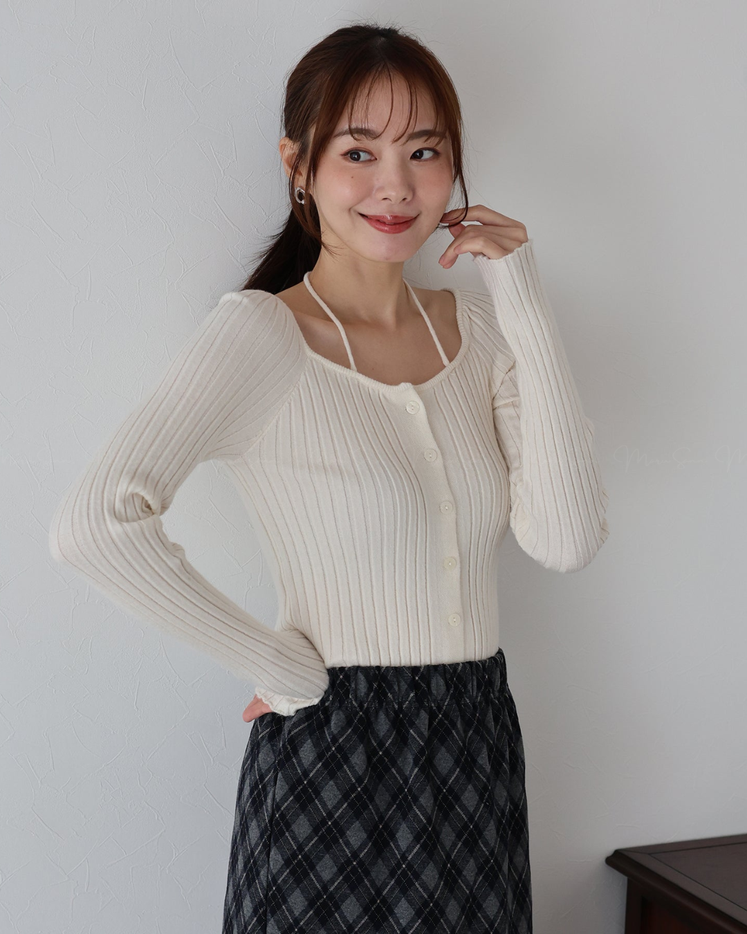 (UK🇬🇧)🇯🇵 JAPAN ♥  Ribbed knit top with square neck and ribbon choker ♥ 蝴蝶結桃心領坑紋 Knit (3色入)  🔎 ɪᴛᴇᴍ ɴᴏ：SS-JS31886