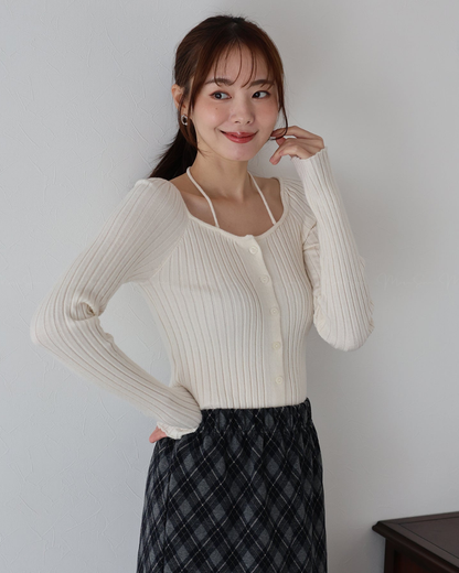 (UK🇬🇧)🇯🇵 JAPAN ♥  Ribbed knit top with square neck and ribbon choker ♥ 蝴蝶結桃心領坑紋 Knit (3色入)  🔎 ɪᴛᴇᴍ ɴᴏ：SS-JS31886
