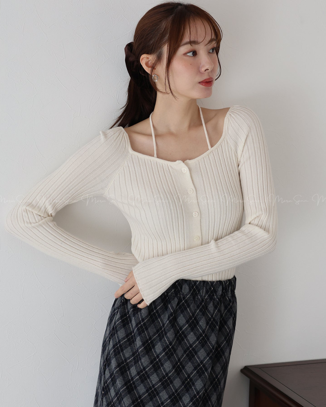 (UK🇬🇧)🇯🇵 JAPAN ♥  Ribbed knit top with square neck and ribbon choker ♥ 蝴蝶結桃心領坑紋 Knit (3色入)  🔎 ɪᴛᴇᴍ ɴᴏ：SS-JS31886