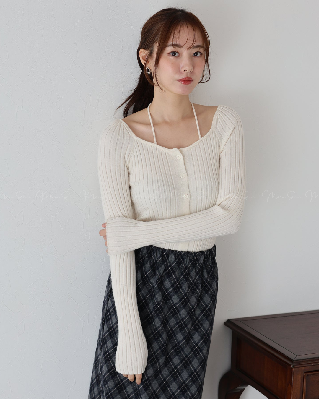 (UK🇬🇧)🇯🇵 JAPAN ♥  Ribbed knit top with square neck and ribbon choker ♥ 蝴蝶結桃心領坑紋 Knit (3色入)  🔎 ɪᴛᴇᴍ ɴᴏ：SS-JS31886