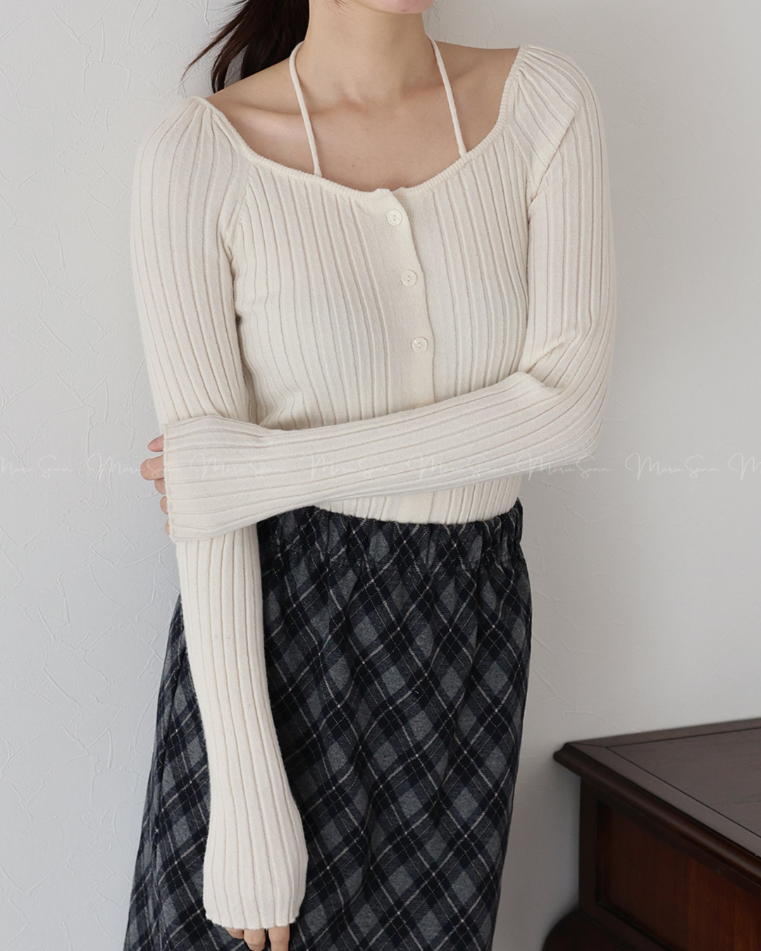(UK🇬🇧)🇯🇵 JAPAN ♥  Ribbed knit top with square neck and ribbon choker ♥ 蝴蝶結桃心領坑紋 Knit (3色入)  🔎 ɪᴛᴇᴍ ɴᴏ：SS-JS31886
