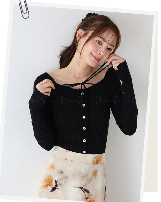 🇯🇵 JAPAN ♥  Ribbed knit top with square neck and ribbon choker ♥ 蝴蝶結桃心領坑紋 Knit (3色入)  🔎 ɪᴛᴇᴍ ɴᴏ：SS-JS31886