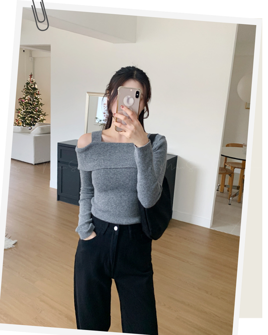 🇰🇷KOREA ♥ Unbalanced Off-Shoulder Knitwear ♥ 熱銷商品 奶油色不對稱露單肩針織衫 (4色入)  🔎 ɪᴛᴇᴍ ɴᴏ：SS-KSS93544093