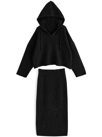 🇯🇵 Japanese mature V-neck hooded top + pencil skirt knitwear set Hoodie and tight skirt knitwear set-up