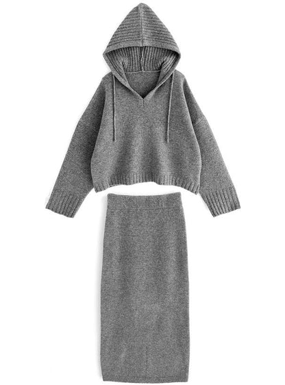 🇯🇵 Japanese mature V-neck hooded top + pencil skirt knitwear set Hoodie and tight skirt knitwear set-up