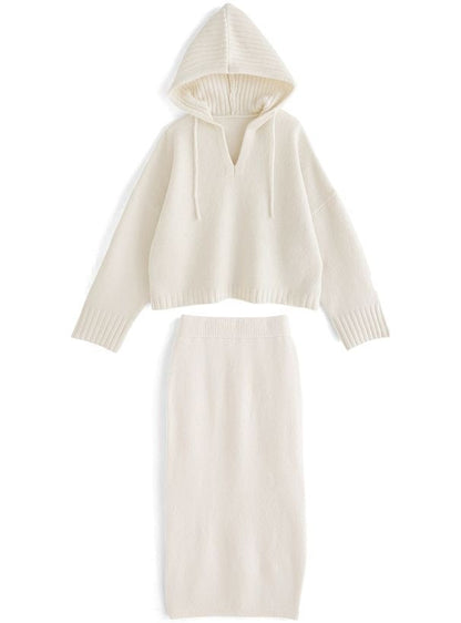 🇯🇵 Japanese mature V-neck hooded top + pencil skirt knitwear set Hoodie and tight skirt knitwear set-up