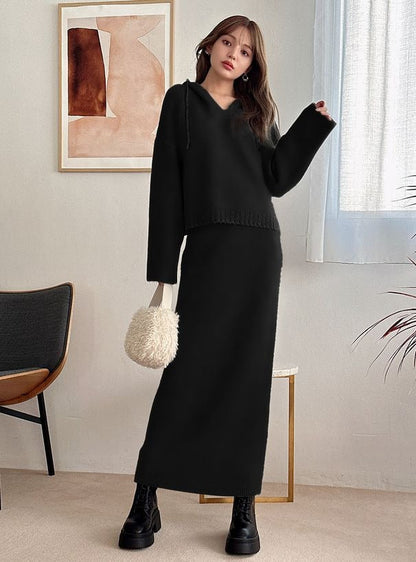 🇯🇵 Japanese mature V-neck hooded top + pencil skirt knitwear set Hoodie and tight skirt knitwear set-up