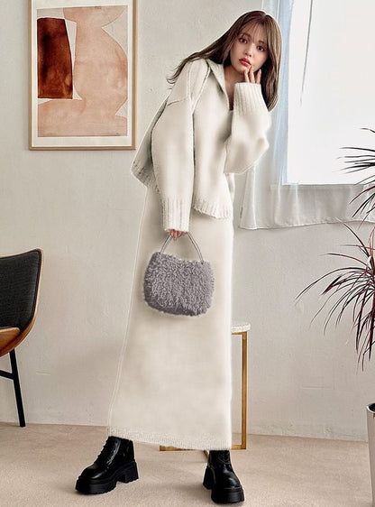 🇯🇵 Japanese mature V-neck hooded top + pencil skirt knitwear set Hoodie and tight skirt knitwear set-up