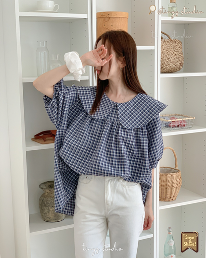 🇯🇵JAPAN ♥ 
大領子格紋澎袖寬鬆襯衫 Oversized Gingham Blouse with Statement Sailor Collar ksh107542
