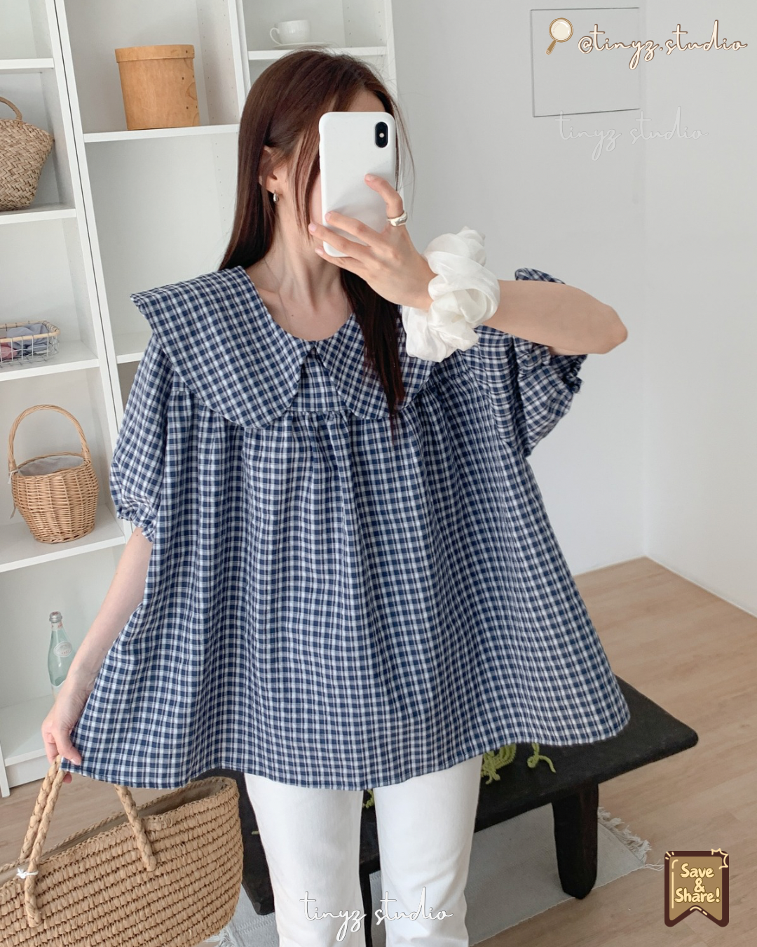 🇯🇵JAPAN ♥ 
大領子格紋澎袖寬鬆襯衫 Oversized Gingham Blouse with Statement Sailor Collar ksh107542