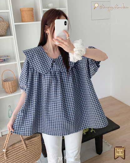 🇯🇵JAPAN ♥ 
大領子格紋澎袖寬鬆襯衫 Oversized Gingham Blouse with Statement Sailor Collar ksh107542