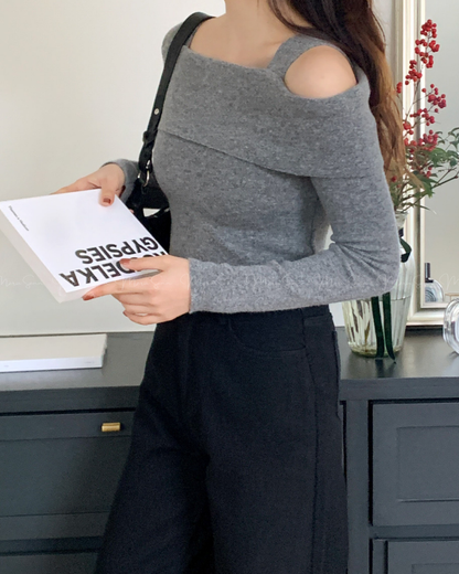 (UK🇬🇧)🇰🇷KOREA ♥ Unbalanced Off-Shoulder Knitwear ♥ 熱銷商品 奶油色不對稱露單肩針織衫 (4色入)  🔎 ɪᴛᴇᴍ ɴᴏ：SS-KSS93544093