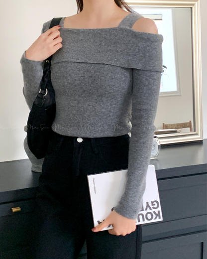 (UK🇬🇧)🇰🇷KOREA ♥ Unbalanced Off-Shoulder Knitwear ♥ 熱銷商品 奶油色不對稱露單肩針織衫 (4色入)  🔎 ɪᴛᴇᴍ ɴᴏ：SS-KSS93544093