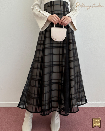 🇯🇵JAPAN ♥ 格紋薄紗喇叭裙◍ 3色入 Checkered sheer flared skirt 🧾 ɪᴛᴇᴍ ɴᴏ.：jltu1082