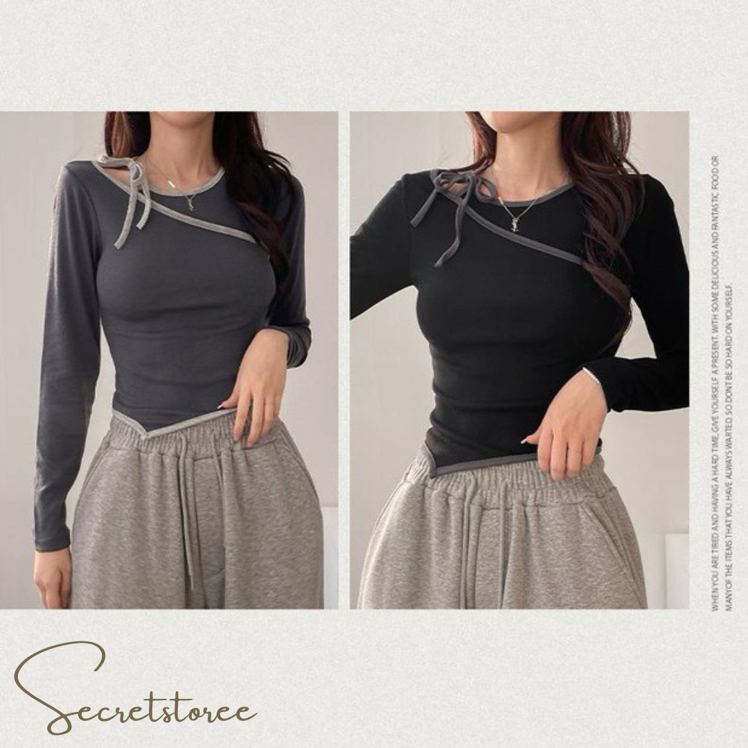 Diagonal Tie Bow Fake 2-Piece Top
 ★ Product Code 🔎 SS-sdwp1f26