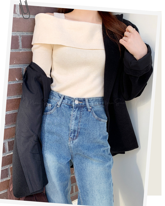 (UK🇬🇧)🇰🇷KOREA ♥ Unbalanced Off-Shoulder Knitwear ♥ 熱銷商品 奶油色不對稱露單肩針織衫 (4色入) 🔎 ɪᴛᴇᴍ ɴᴏ:SS-KSS93544093