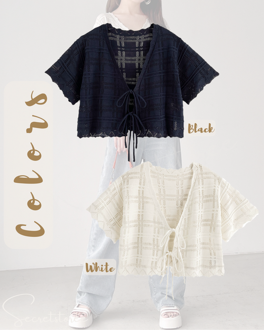 🇯🇵Japanese hollow knit bow short top + high waisted jeans★ Product code🔎 SS-gan0132800 🔎 SS-gcu04450