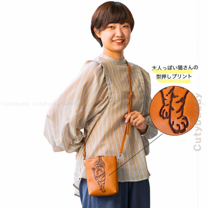 🇯🇵Japan Hold the happy tail high! Cat design wide smartphone shoulder bag Leather cat vertical tail oblique bag (3 colors)