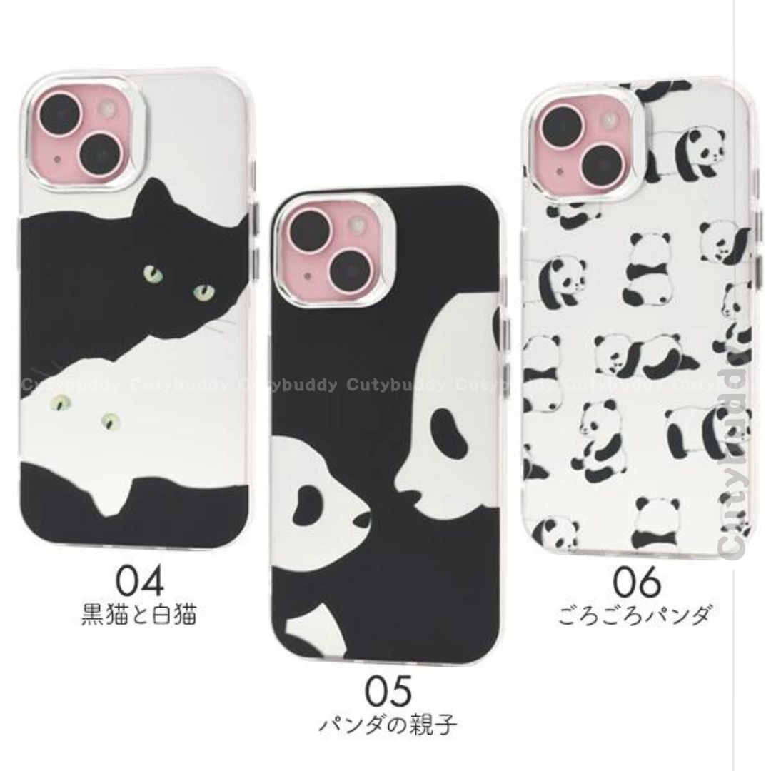 🇯🇵日本 iPhone 13/13pro-15/15pro貓咪熊貓單色設計殼 Cat and Panda Design Case