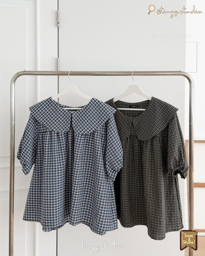 🇯🇵JAPAN ♥ 
大領子格紋澎袖寬鬆襯衫 Oversized Gingham Blouse with Statement Sailor Collar ksh107542