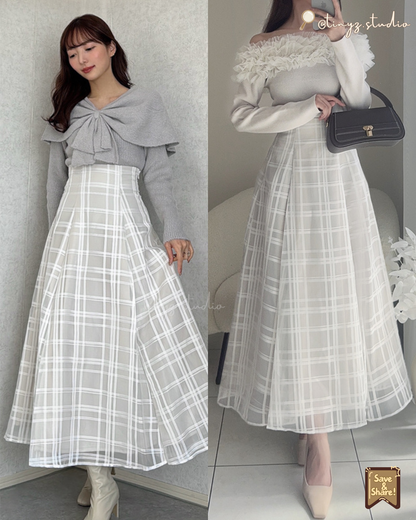 🇯🇵JAPAN ♥ 格紋薄紗喇叭裙◍ 3色入 Checkered sheer flared skirt 🧾 ɪᴛᴇᴍ ɴᴏ.：jltu1082