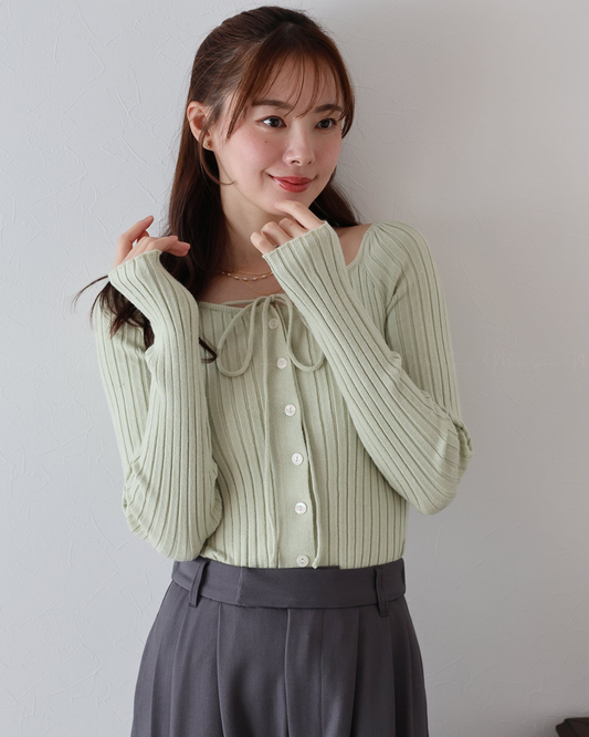(UK🇬🇧)🇯🇵 JAPAN ♥  Ribbed knit top with square neck and ribbon choker ♥ 蝴蝶結桃心領坑紋 Knit (3色入)  🔎 ɪᴛᴇᴍ ɴᴏ：SS-JS31886