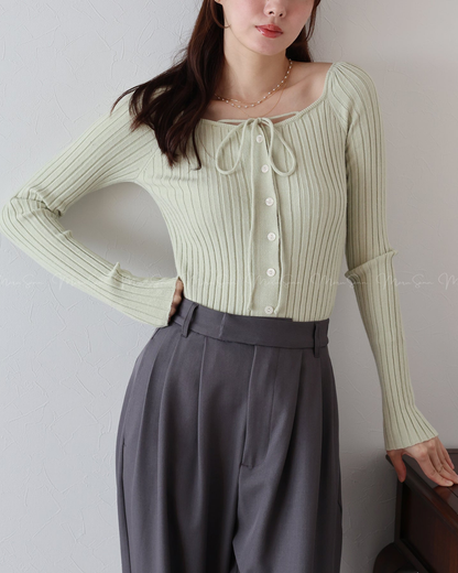 (UK🇬🇧)🇯🇵 JAPAN ♥  Ribbed knit top with square neck and ribbon choker ♥ 蝴蝶結桃心領坑紋 Knit (3色入)  🔎 ɪᴛᴇᴍ ɴᴏ：SS-JS31886