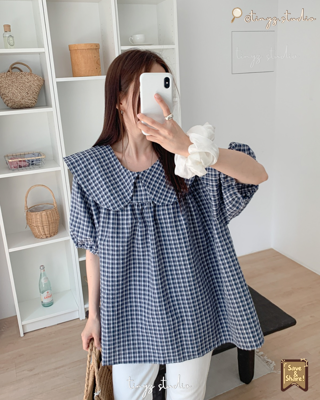🇯🇵JAPAN ♥ 
大領子格紋澎袖寬鬆襯衫 Oversized Gingham Blouse with Statement Sailor Collar ksh107542