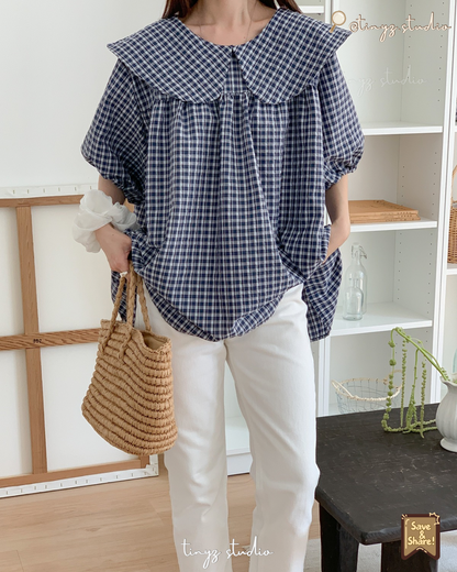 🇯🇵JAPAN ♥ 
大領子格紋澎袖寬鬆襯衫 Oversized Gingham Blouse with Statement Sailor Collar ksh107542
