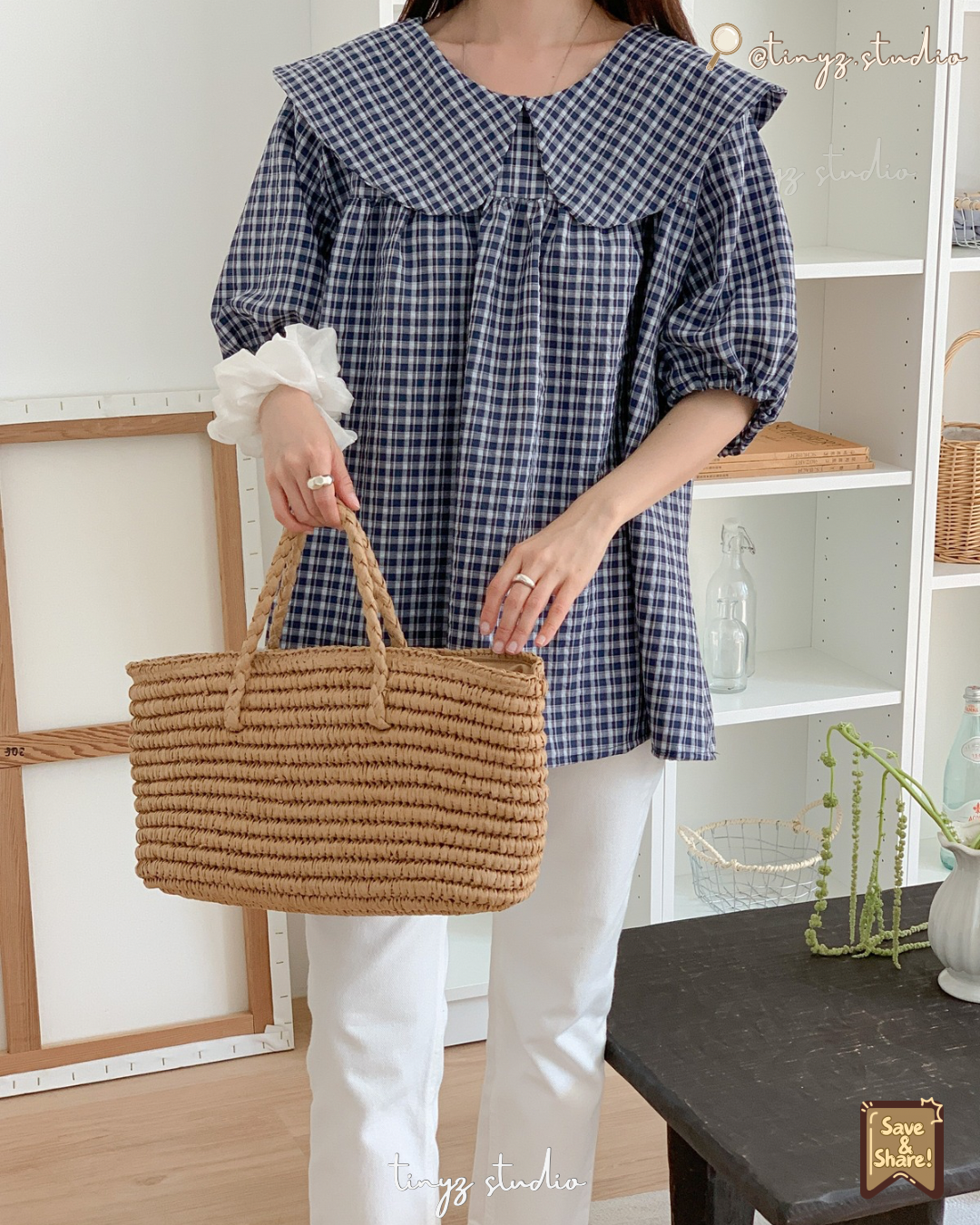 🇯🇵JAPAN ♥ 
大領子格紋澎袖寬鬆襯衫 Oversized Gingham Blouse with Statement Sailor Collar ksh107542