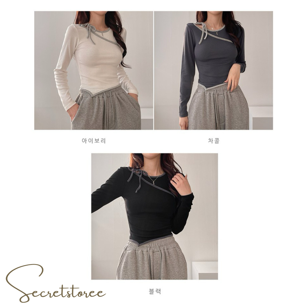 Diagonal Tie Bow Fake 2-Piece Top
 ★ Product Code 🔎 SS-sdwp1f26