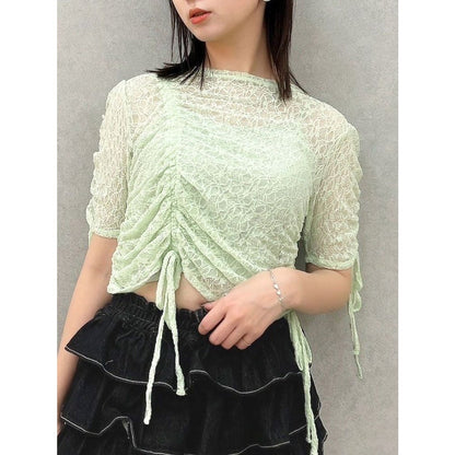 (50%off)🇯🇵 JAPAN ♥ Gathered Ribbon Lace Top (Green)  褶皺緞帶蕾絲上衣(綠色)  (2色) jrw26484
