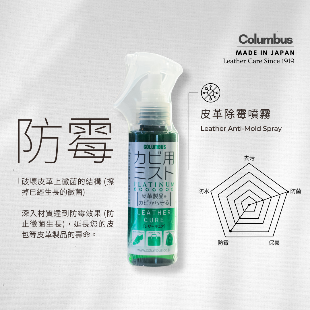 🇯🇵日本 COLUMBUS 皮革專用去霉防霉噴霧 100ml PLATINUM mould remover and protector For Leather レザーキュアカビ用ミストプラチナ