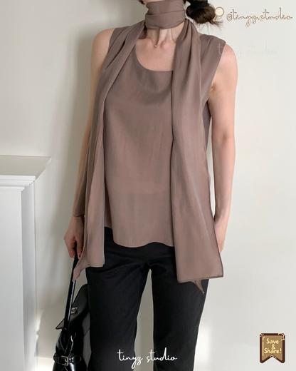 🇰🇷KOREA ♥2-in-1 Scarf-Neck Sleeveless Blouse 正韓一體式飄逸圍巾無袖上衣 ks7461