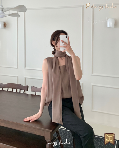 🇰🇷KOREA ♥2-in-1 Scarf-Neck Sleeveless Blouse 正韓一體式飄逸圍巾無袖上衣 ks7461