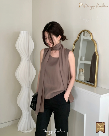 🇰🇷KOREA ♥2-in-1 Scarf-Neck Sleeveless Blouse 正韓一體式飄逸圍巾無袖上衣 ks7461