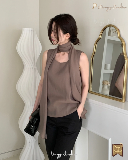 🇰🇷KOREA ♥2-in-1 Scarf-Neck Sleeveless Blouse 正韓一體式飄逸圍巾無袖上衣 ks7461