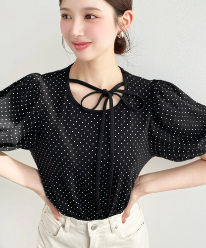 🇯🇵JAPAN ♥  波點荷葉袖綁帶蝴蝶結上衣 Polka-dot blouse with ruffled sleeves and a tie-front bow (ss-jr07211)