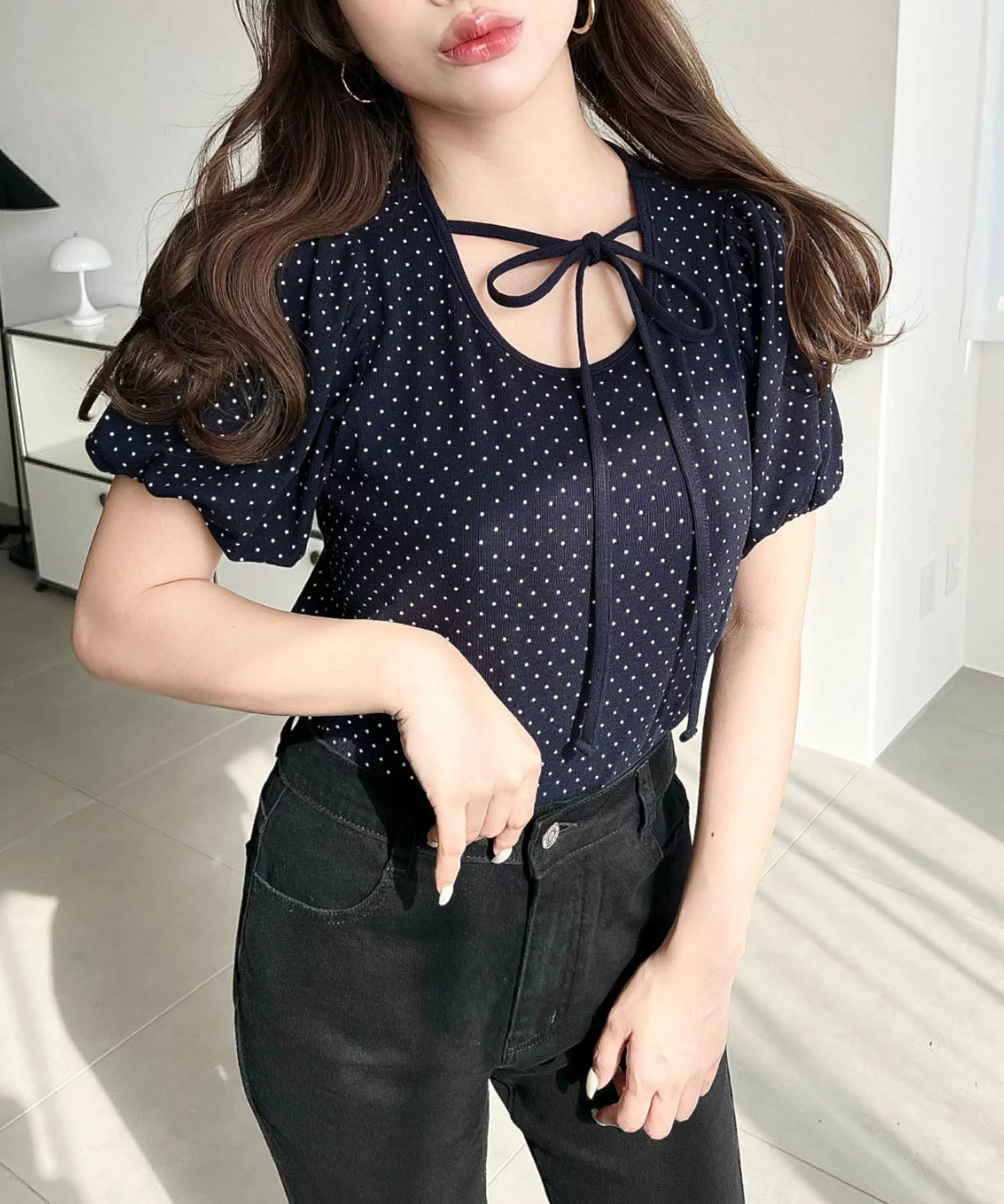 🇯🇵JAPAN ♥  波點荷葉袖綁帶蝴蝶結上衣 Polka-dot blouse with ruffled sleeves and a tie-front bow (ss-jr07211)