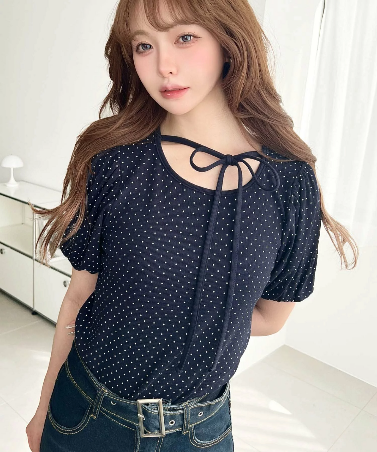 🇯🇵JAPAN ♥  波點荷葉袖綁帶蝴蝶結上衣 Polka-dot blouse with ruffled sleeves and a tie-front bow (ss-jr07211)