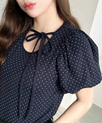 🇯🇵JAPAN ♥  波點荷葉袖綁帶蝴蝶結上衣 Polka-dot blouse with ruffled sleeves and a tie-front bow (ss-jr07211)